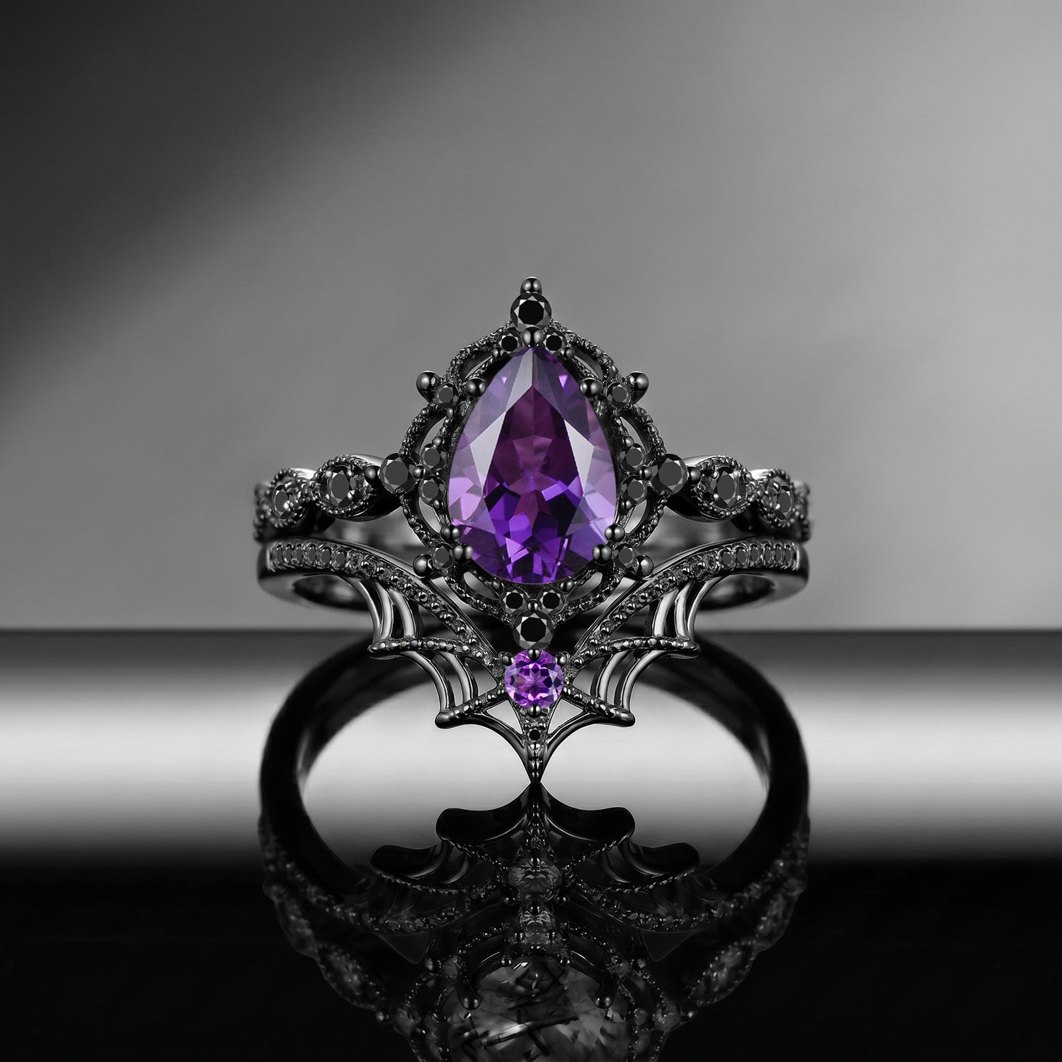 Spider Ring 'Web of Love' – Gothic Pear Cut Amethyst Engagement Ring Set with Spider Web Inspired Milgrain Band
