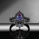 Spider Ring – Gothic Pear Cut Lab Alexandrite Engagement Ring Set with Spider Web Inspired Milgrain Band