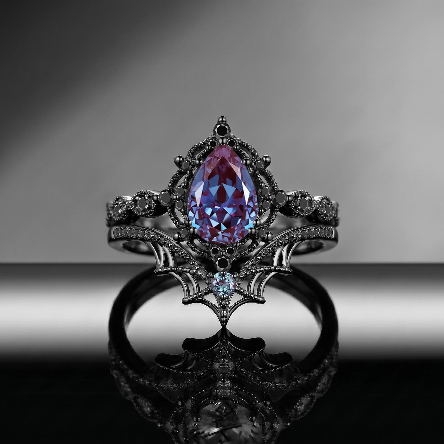 Spider Ring – Gothic Pear Cut Lab Alexandrite Engagement Ring Set with Spider Web Inspired Milgrain Band