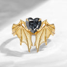 Bat Ring - Gothic Heart Grey Moissanite Matte Textured Engagement Ring Set with Bat Wing Inspired Band