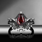 Bat Ring 'Fly to Love' - Gothic Coffin Cut Garnet Milgrain Engagement Ring Set with Bat Wing Inspired Band