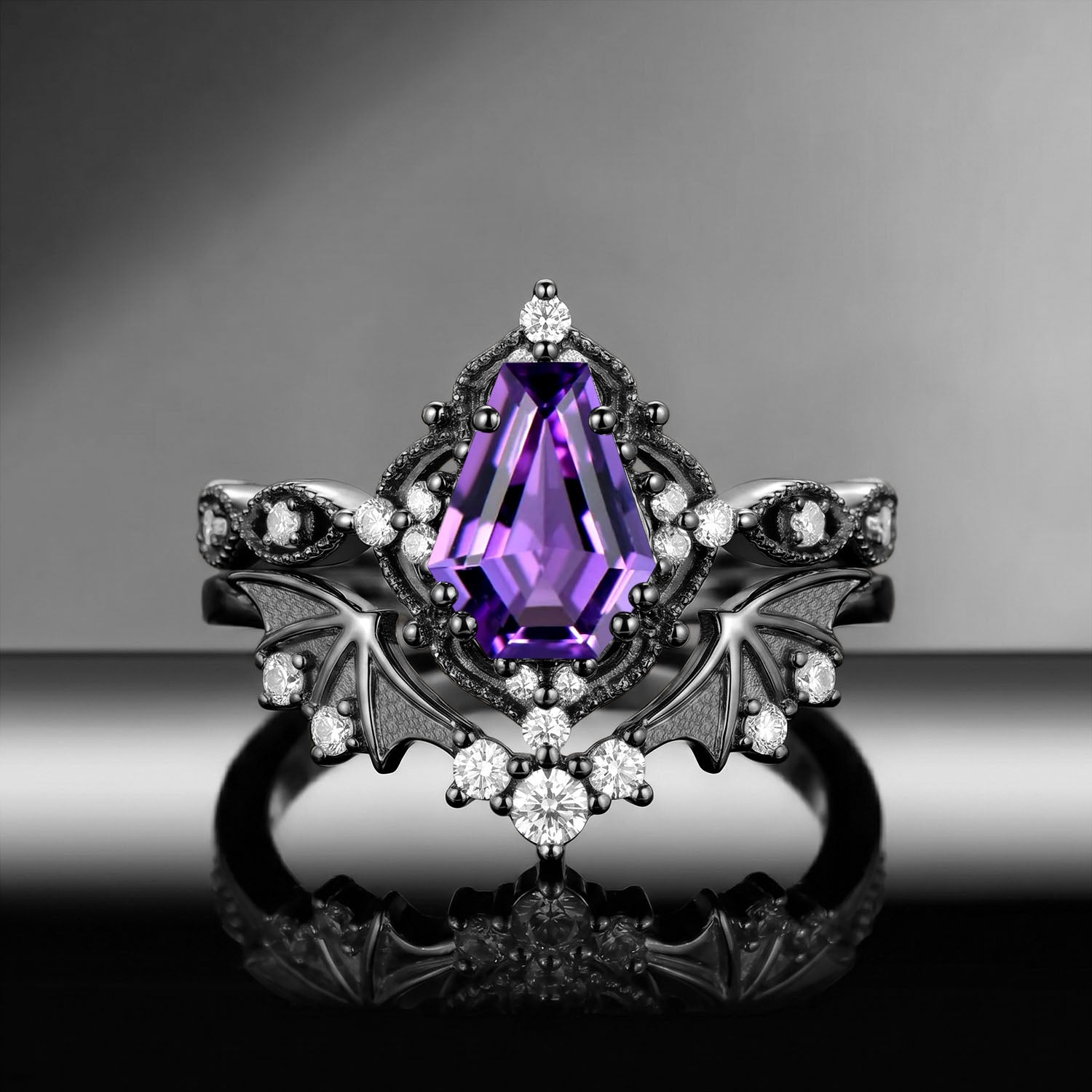 Bat Ring 'Fly to Love' - Gothic Coffin Cut Amethyst Milgrain Engagement Ring Set with Bat Wing Inspired Band