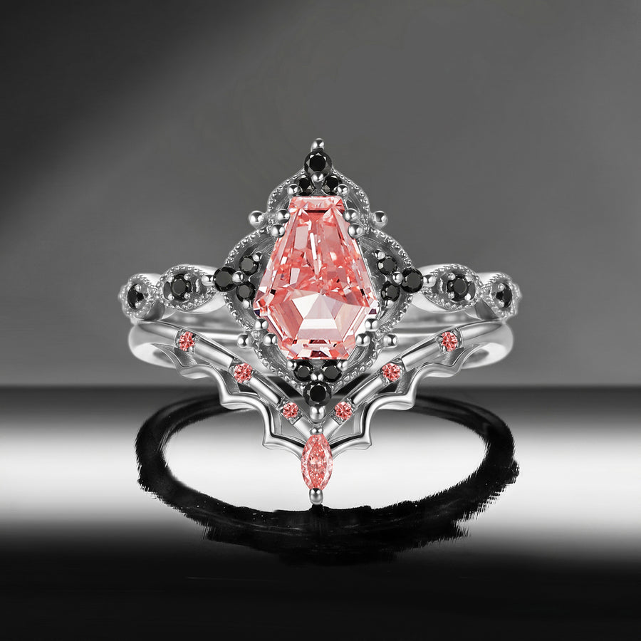 Gothic coffin lab pink diamond bat wing engagement ring set