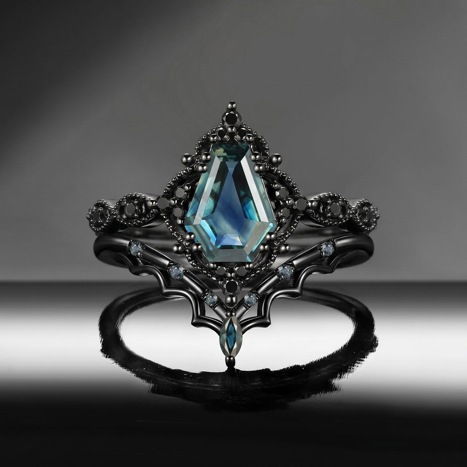 'Bat's Whisper' - Gothic Coffin Natural Teal Sapphire Alternative Bridal Engagement Ring Set with Bat Wings in Black Gold