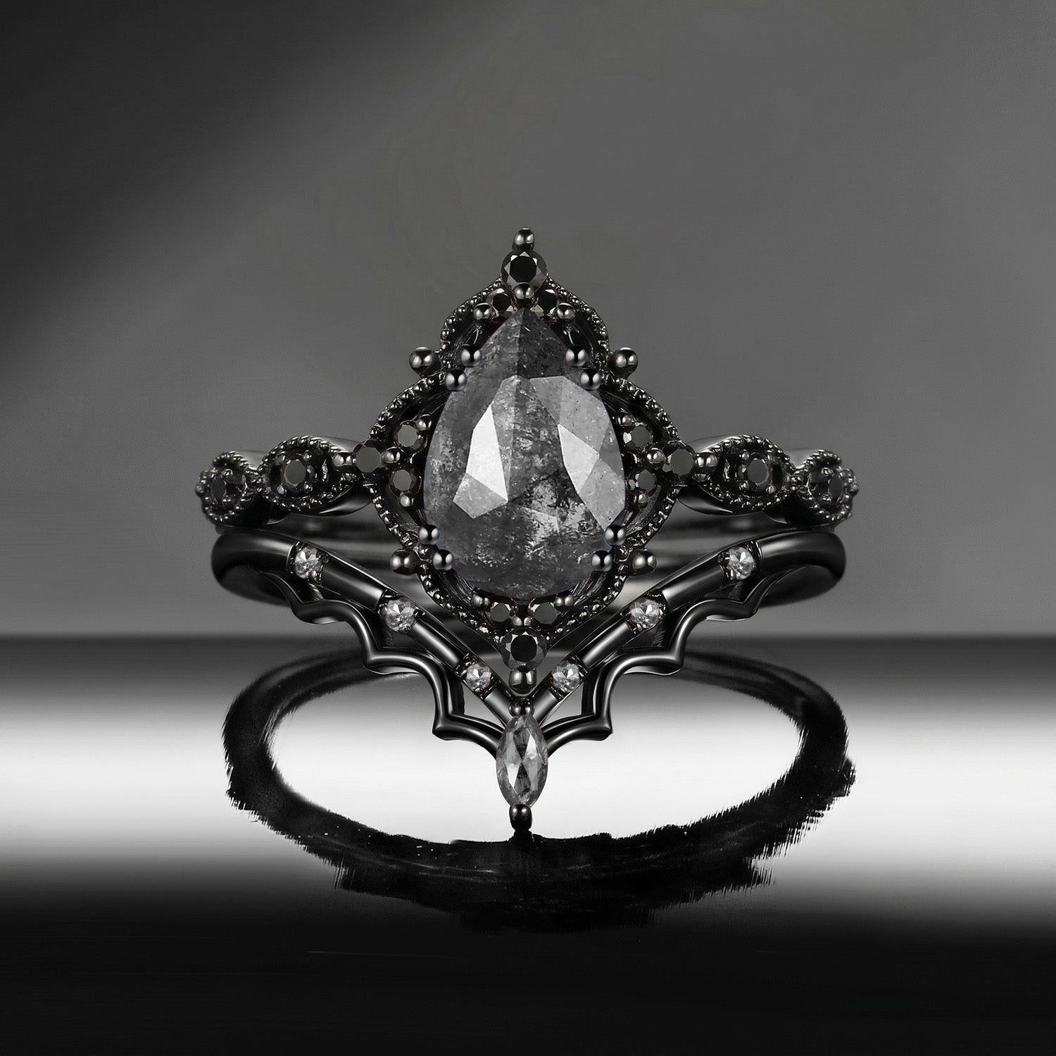 'Bat's Whisper' - Gothic Pear Salt & Pepper Diamond Alternative Bridal Engagement Ring Set with Bat Wings in Black Gold