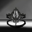'Bat's Whisper' - Gothic Coffin Salt & Pepper Diamond Alternative Bridal Engagement Ring Set with Bat Wings in Black Gold