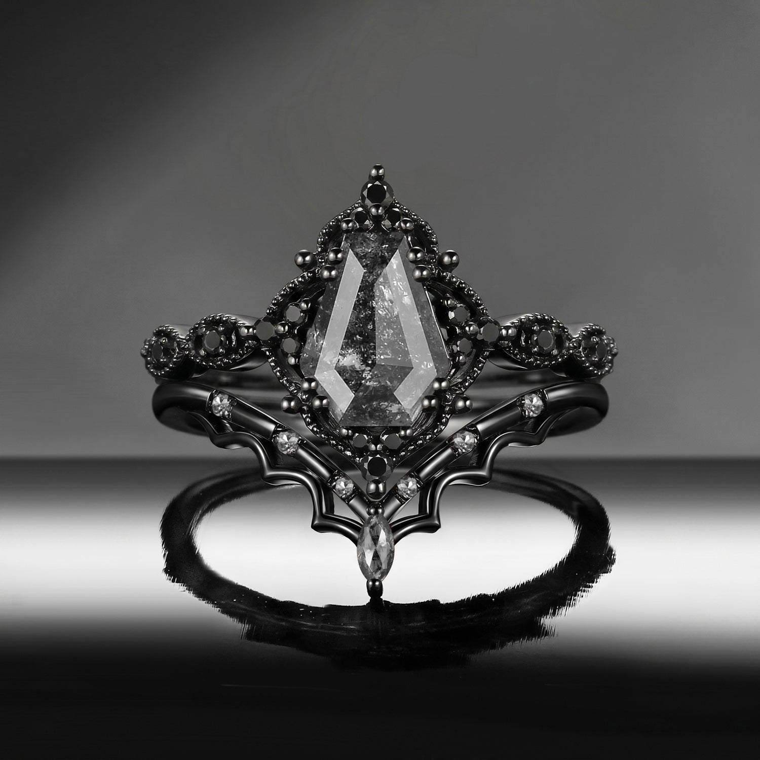 'Bat's Whisper' - Gothic Coffin Salt & Pepper Diamond Alternative Bridal Engagement Ring Set with Bat Wings in Black Gold