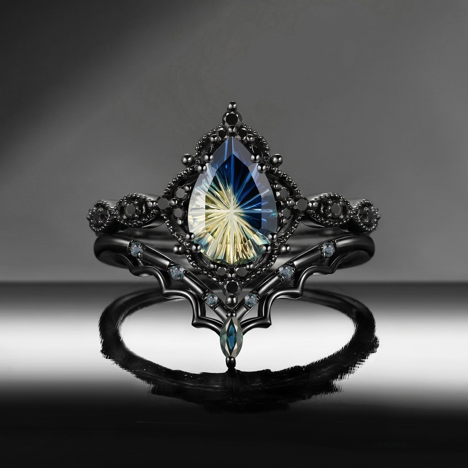 'Bat's Whisper' - Gothic Fantasy Cut Pear Natural Parti Sapphire Alternative Bridal Engagement Ring Set with Bat Wings in Black Gold