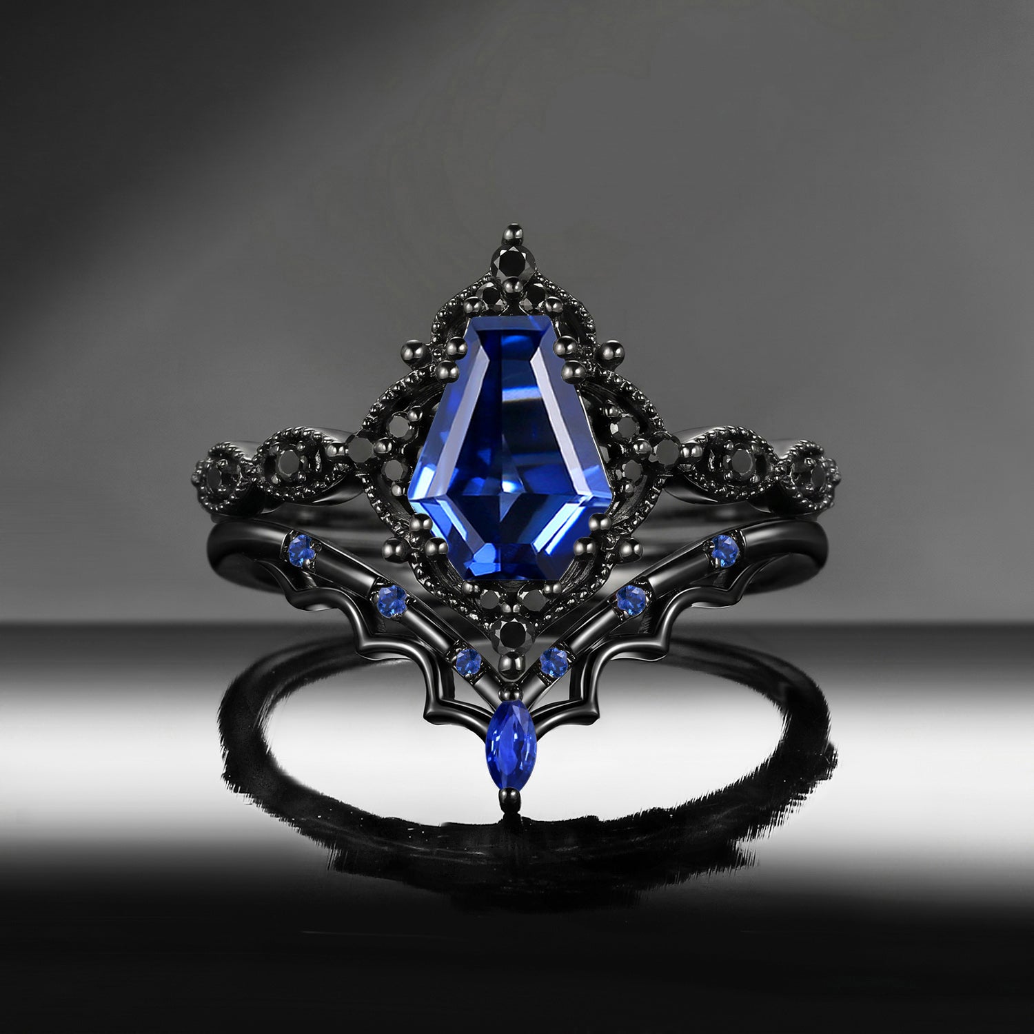 'Bat's Whisper' - Gothic Coffin Cut Lab Sapphire Alternative Bridal Engagement Ring Set with Bat Wings in Black Gold