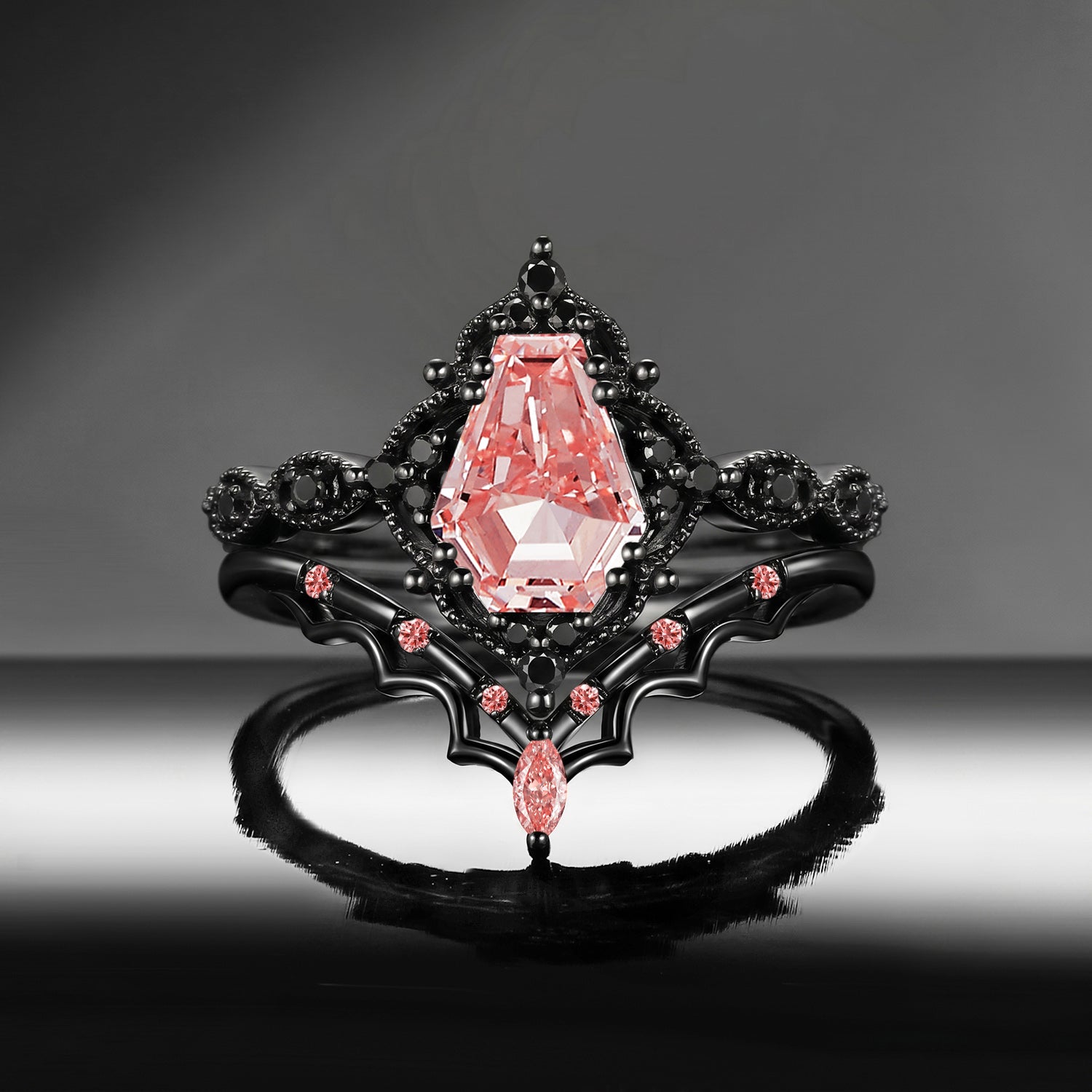 'Bat's Whisper' - Gothic IGI Certified Coffin Lab Pink Diamond Alternative Bridal Engagement Ring Set with Bat Wings in Black Gold