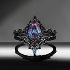 'Bat's Whisper' - Gothic Coffin Cut Color-Changing Alexandrite Engagement Ring Set with Bat Wings in Black Gold