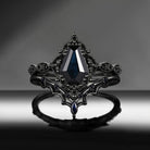 'Bat's Whisper' - Gothic Coffin Natural Black Sapphire Alternative Bridal Engagement Ring Set with Bat Wings in Black Gold