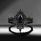 'Bat's Whisper' - Gothic Pear Natural Black Sapphire Alternative Bridal Engagement Ring Set with Bat Wings in Black Gold