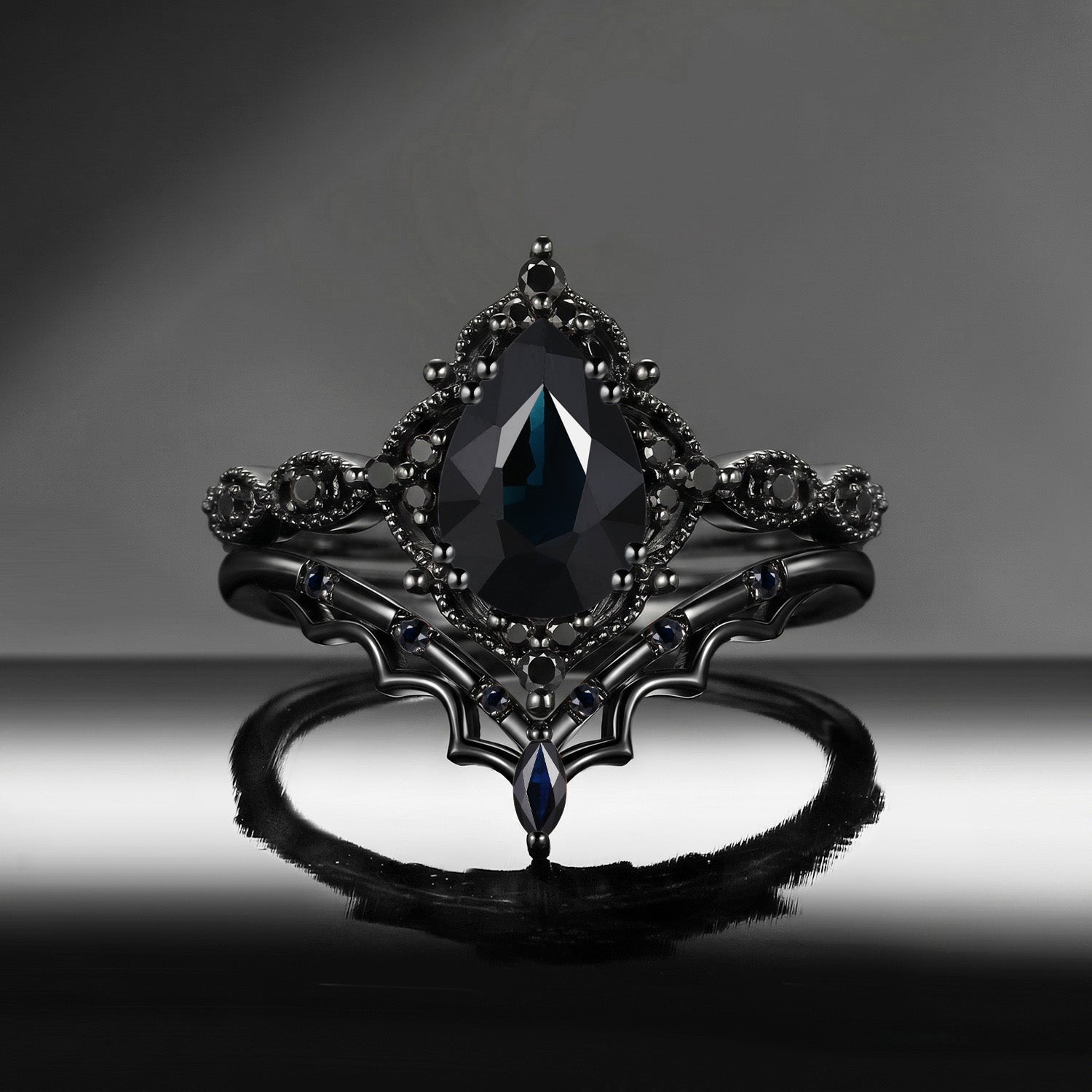'Bat's Whisper' - Gothic Pear Natural Black Sapphire Alternative Bridal Engagement Ring Set with Bat Wings in Black Gold
