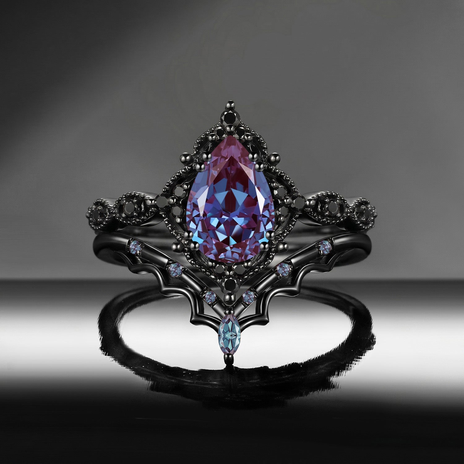 'Bat's Whisper' - Gothic Pear Cut Lab Alexandrite Alternative Bridal Engagement Ring Set with Bat Wings in Black Gold