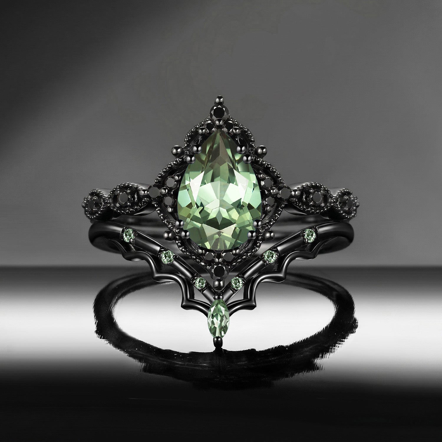 'Bat's Whisper' - Gothic Pear Cut Lab Green Sapphire Alternative Bridal Engagement Ring Set with Bat Wings in Black Gold
