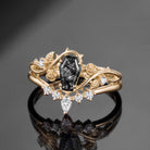 Thorns & Roses 'Rosé' - Nature Inspired Coffin Black Rutilated Quartz Twisted Engagement Ring Set with Thorn-inspired Band