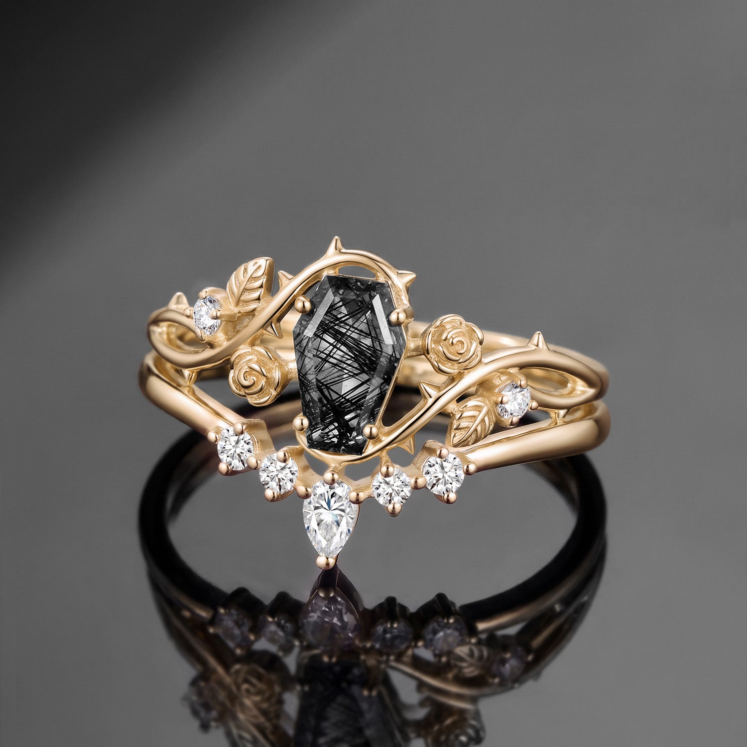 Thorns & Roses 'Rosé' - Nature Inspired Coffin Black Rutilated Quartz Twisted Engagement Ring Set with Thorn-inspired Band