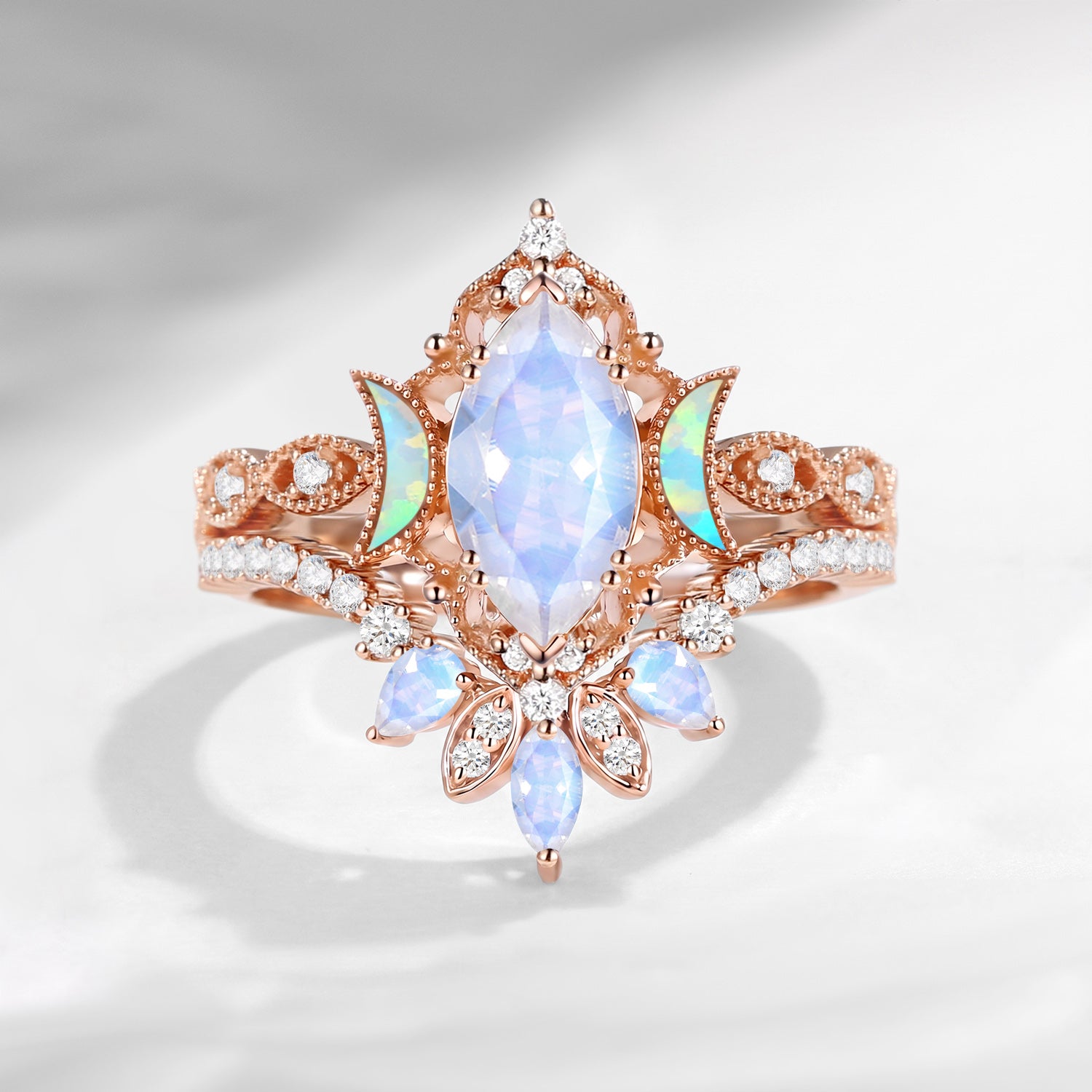 'Ultra Galaxy' - Vintage Inspired Marquise Cut Moonstone Crescent Moon Engagement Ring Set