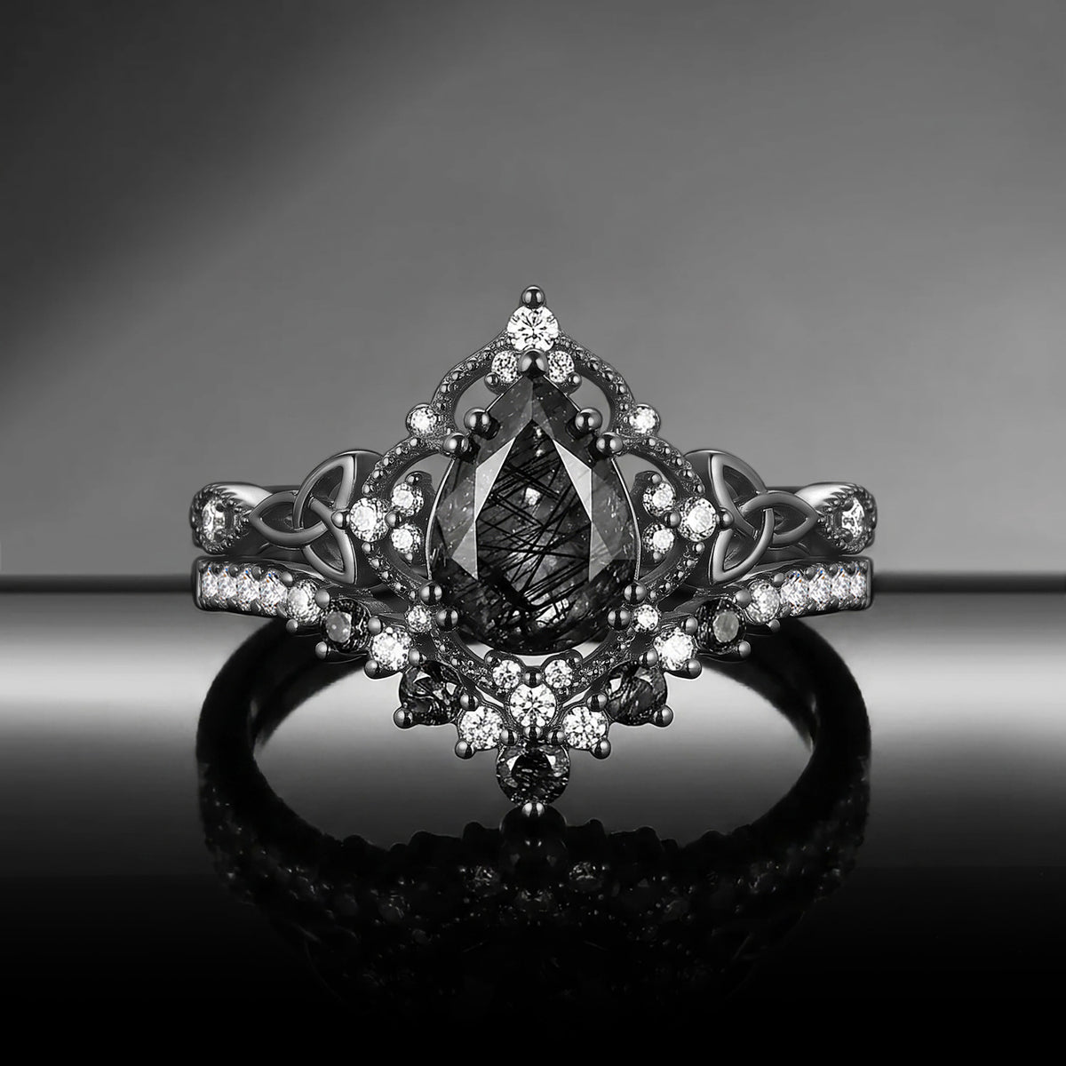 Celtic Rings - Vintage Inspired Pear Cut Black Rutilated Quartz Celtic Engagement Ring Set with Milgrain Detailing