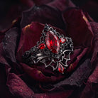 Bat Ring - Gothic Marquise Cut Red Garnet Engagement Ring Set with Bat Wing Inspired Band