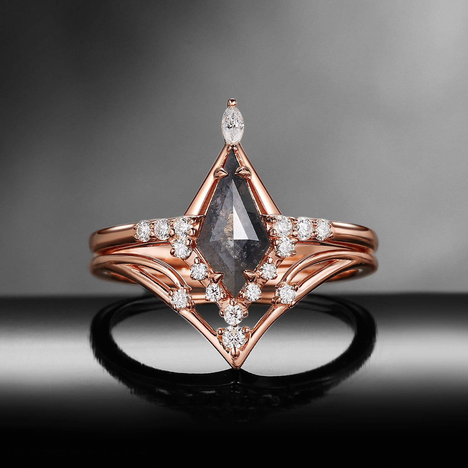 Unique Elegant Cluster Kite Natural Salt & Pepper Diamond Chevron Engagement Ring Set 2pcs