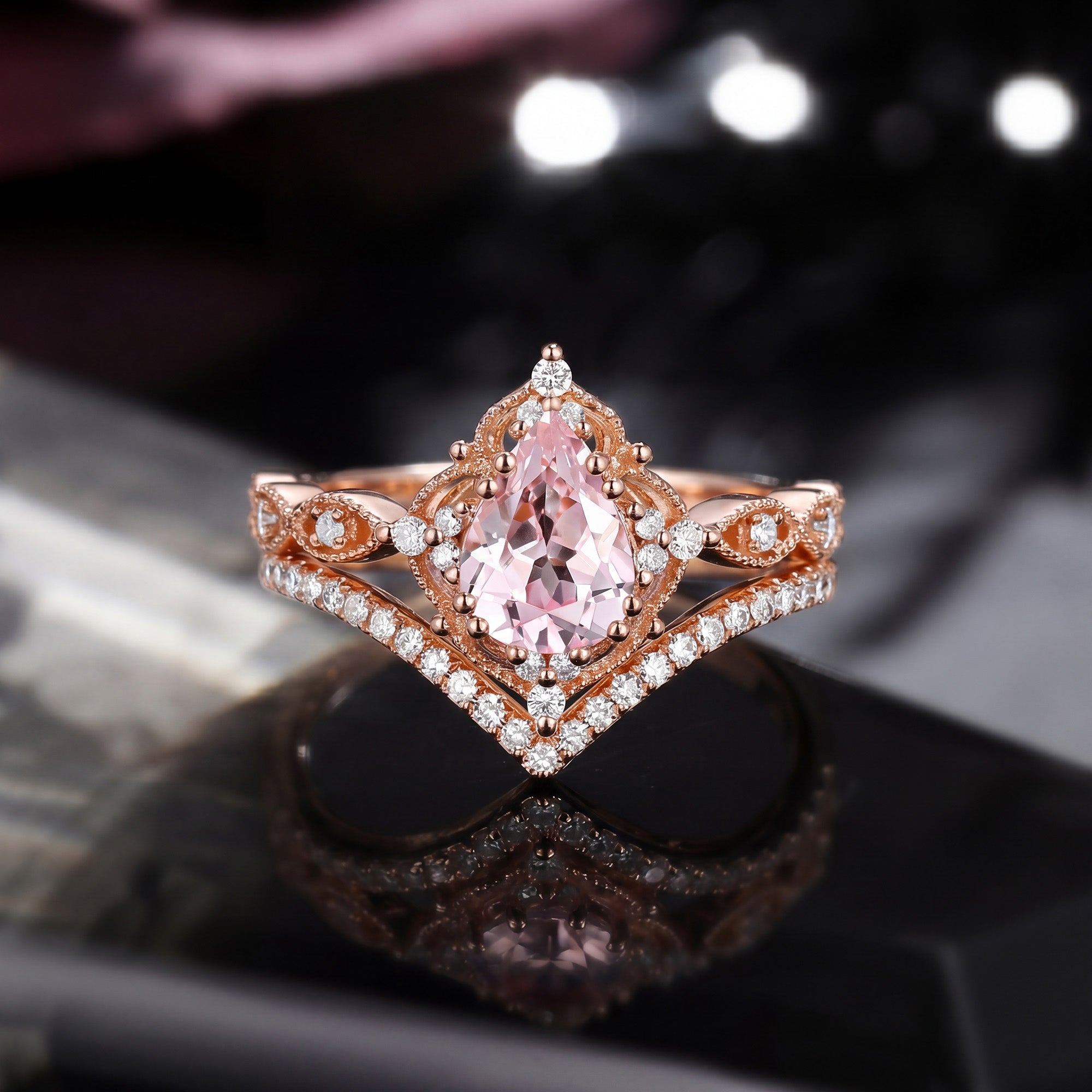 1.5ct Pear Shaped Lab Pink Sapphire Engagement Ring Set 2pcs - Evelyn