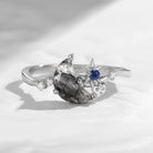 Celestial Ring - Half-Moon Cut Natural Salt & Pepper Diamond Engagement Ring with Sun & Moon Setting