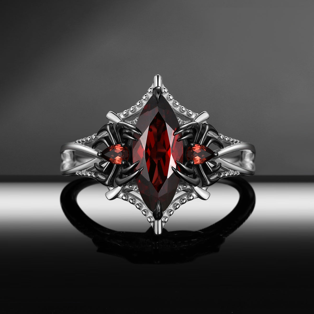 Spider Ring – Gothic Marquise Cut Garnet Two-Tone Engagement Ring with Milgrain Spider Web Band