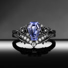 Thorns & Roses - Gothic Coffin Cut Lab Lavender Sapphire Flower Engagement Ring Set with Rose-Inspired Band