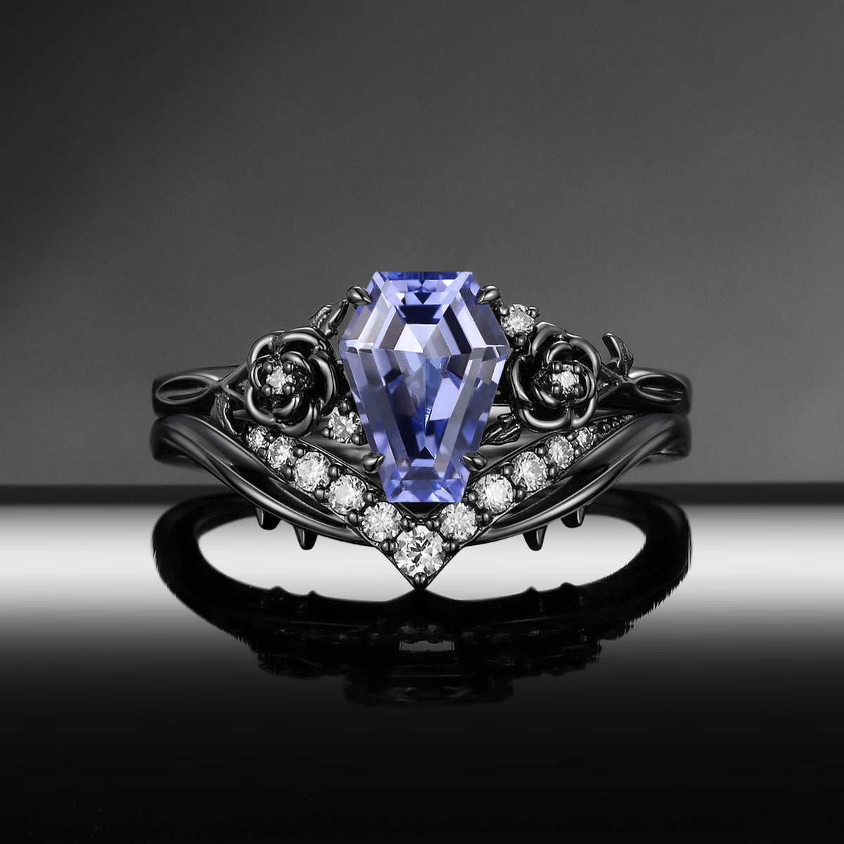 Thorns & Roses - Gothic Coffin Cut Lab Lavender Sapphire Flower Engagement Ring Set with Rose-Inspired Band