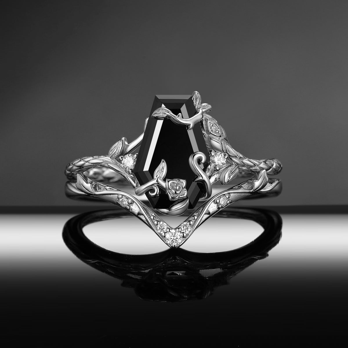 'Serpent's Bloom' - Gothic Coffin Cut Black Moissanite Snake Ring Set with Rose Detailing