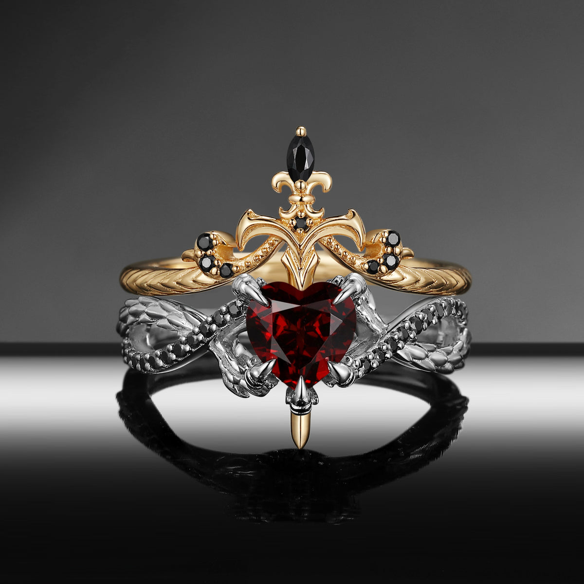 Heart & Sword - Gothic Heart Cut Red Garnet Infinity Bridal Set with Twisted Dragon-inspired Band
