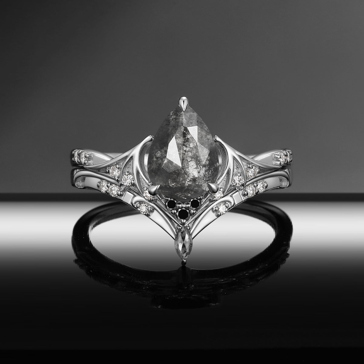 Bat Ring - Gothic Pear Cut Salt & Pepper Diamond Alternative Bridal Ring Set with Bat Wing Band