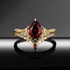 Bat Ring - Gothic Pear Cut Red Garnet Alternative Bridal Ring Set with Bat Wing Band