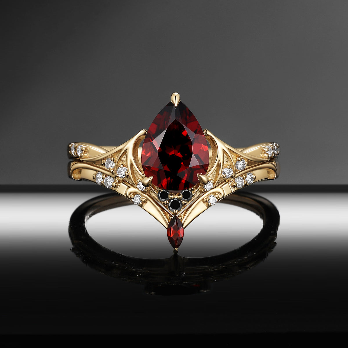 Bat Ring - Gothic Pear Cut Red Garnet Alternative Bridal Ring Set with Bat Wing Band