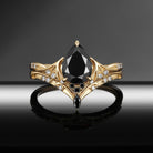 Bat Ring - Gothic Pear Cut Black Moissanite Alternative Bridal Ring Set with Bat Wing Band