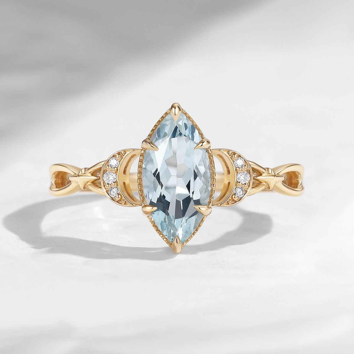 Celestial Ring - Moon-inspired Marquise Natural Aquamarine Engagement Ring