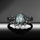 Thorns & Roses - Nature Inspired Pear Cut Moss Agate Engagement Ring Set with Twisted Vine Band