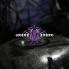 Spider Ring - Gothic Coffin Cut Amethyst Engagement Ring with Spider Web Inspired Band in Black Gold