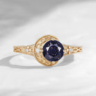 Celestial Ring – Vintage Inspired Round Blue Sandstone Milgrain Engagement Ring with Hidden Star Cutout