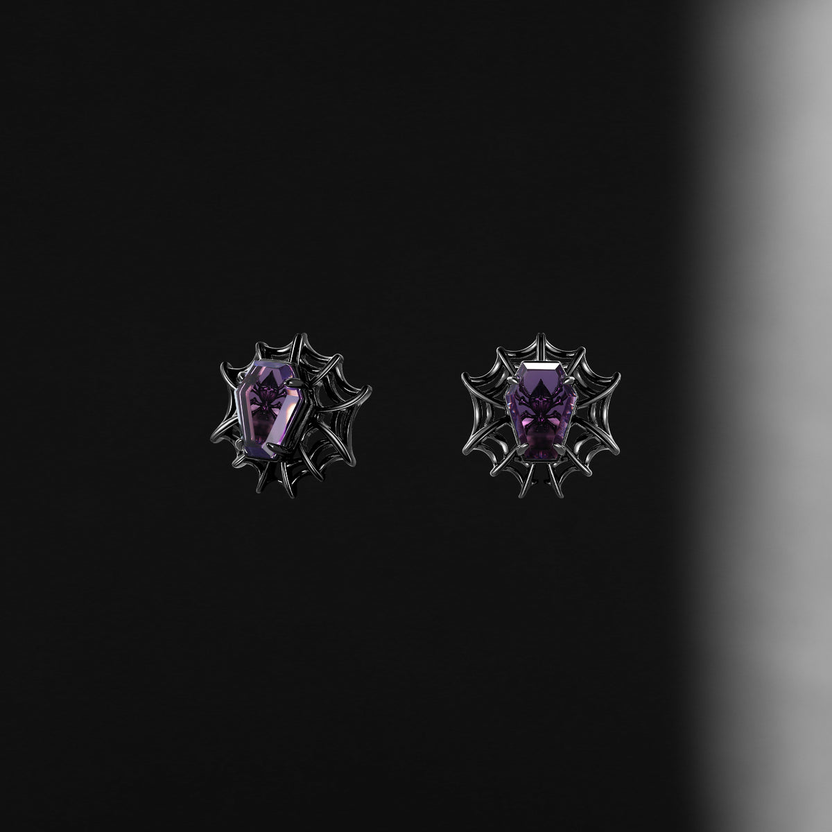 Spider Woman - Gothic Coffin Cut Natural Amethyst Spider Web Stud Earring with See-Through Open Gallery Setting