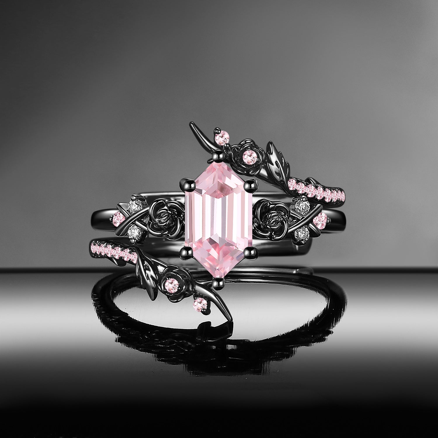 Gothic Nature Inspired Long Hexagon Lab Pink Sapphire Black Gold Cage Ring Bridal Set 2pcs - 'Thorns & Roses'