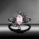 Gothic Nature Inspired Long Hexagon Lab Pink Sapphire Black Gold Cage Ring Bridal Set 2pcs - 'Thorns & Roses'