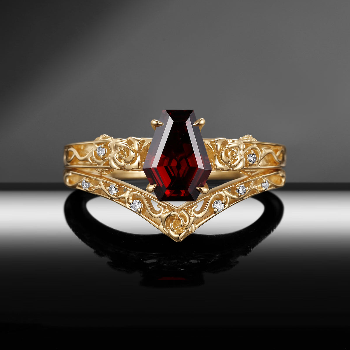 Thorns & Roses - Gothic Coffin Cut Garnet Flower Engagement Ring Set with Hidden Skull Gallery
