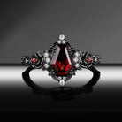 Thorns & Roses - Gothic Coffin Red Garnet Flower Engagement Ring with Rose Band