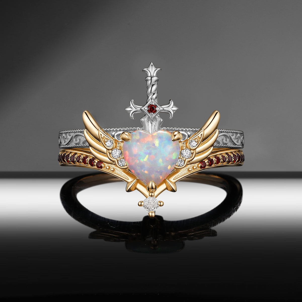 Heart & Sword - Gothic Cabochon Heart Cut Lab Opal Two-Tone Bridal Set with Angel Wing-inspired Band