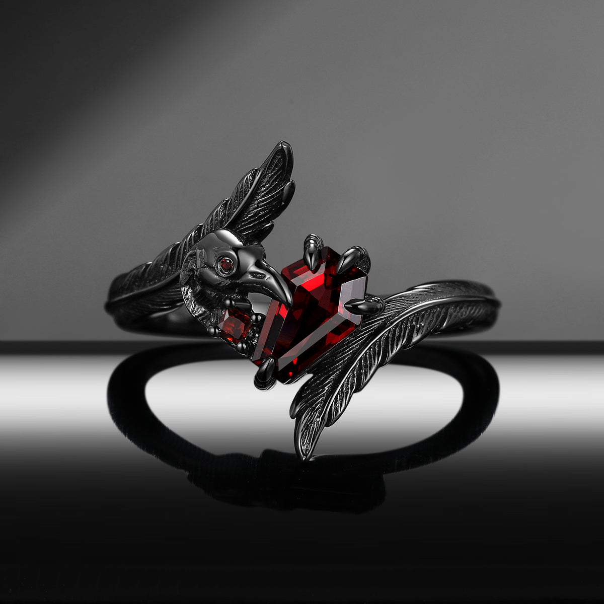 The Raven - Gothic Coffin Cut Natural Garnet Engagement Ring with Feather-Textured Band