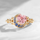 'Moonlit Embrace' - Nature Inspired Heart Cut Lab Pink Sapphire Crescent Moon Engagement Ring