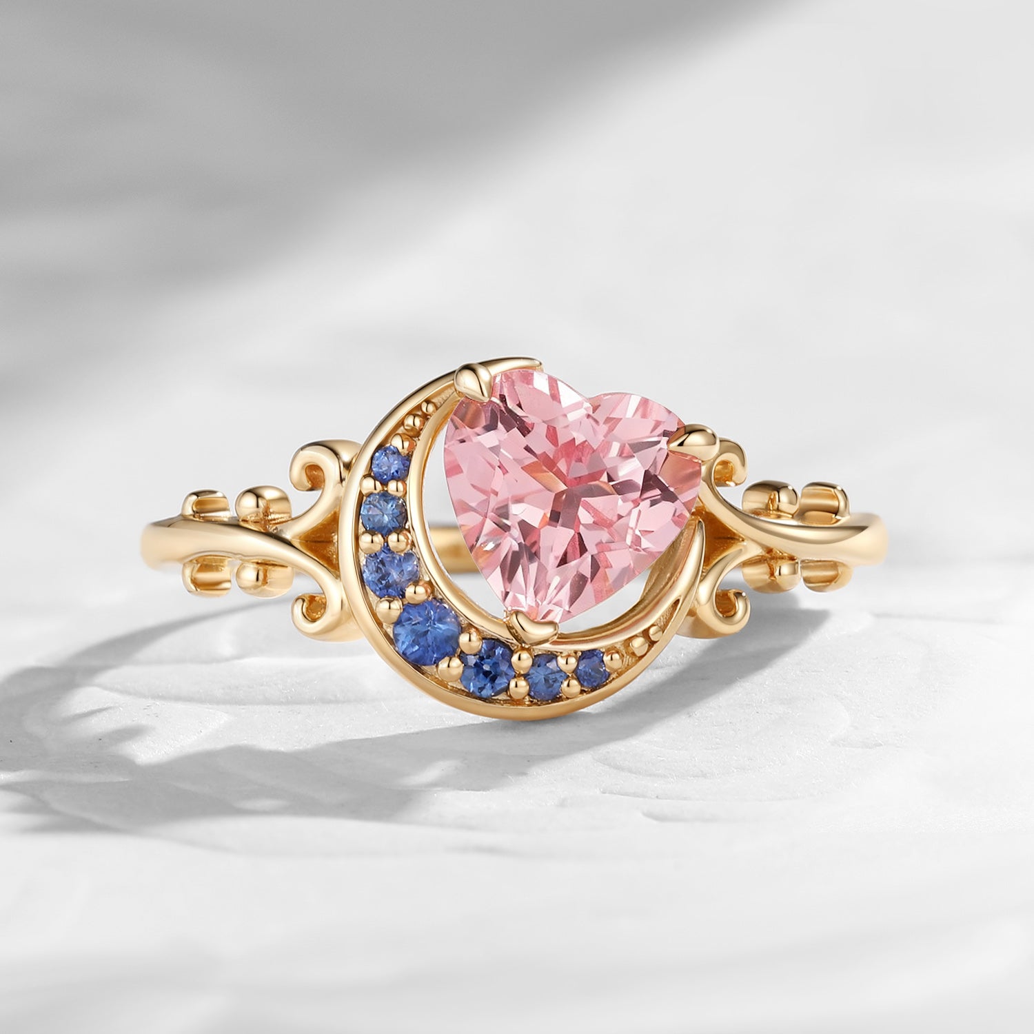 'Moonlit Embrace' - Nature Inspired Heart Cut Lab Pink Sapphire Crescent Moon Engagement Ring